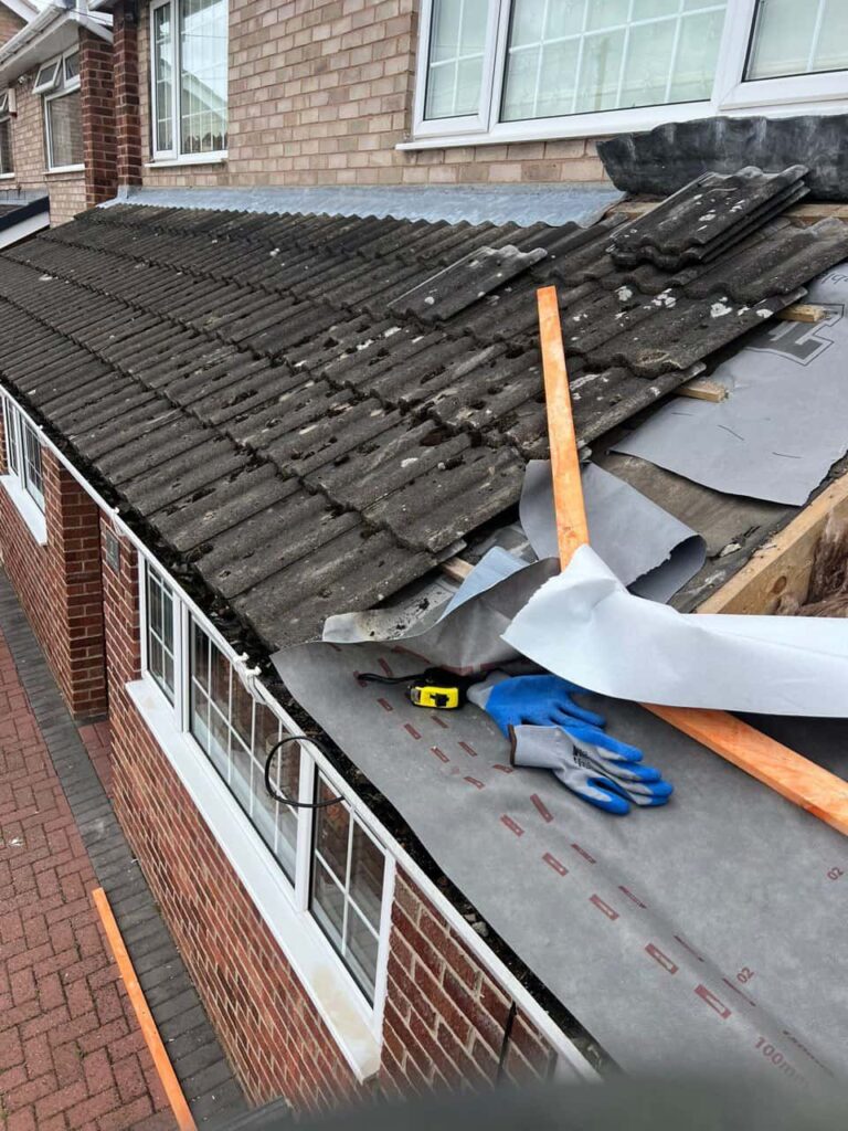 This is a photo of a pitched roof which is being repaired. The existing roof was leaking badly. Works carried out by TRP Roofing Selby